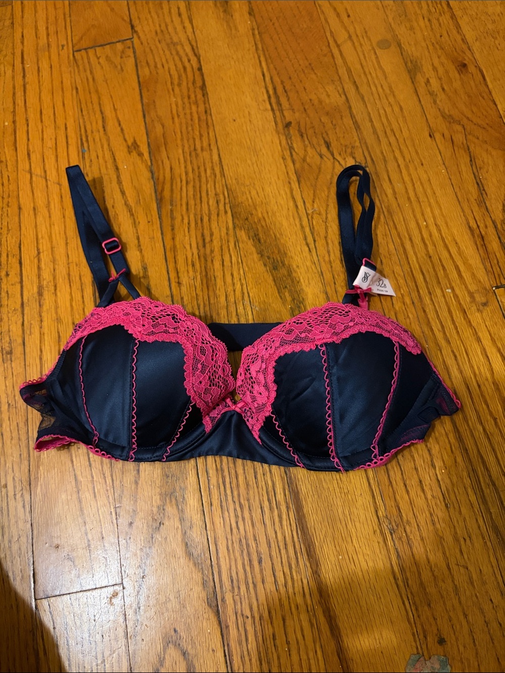 Victoria's Secret Black Bra with Hot Pink Lace Trim